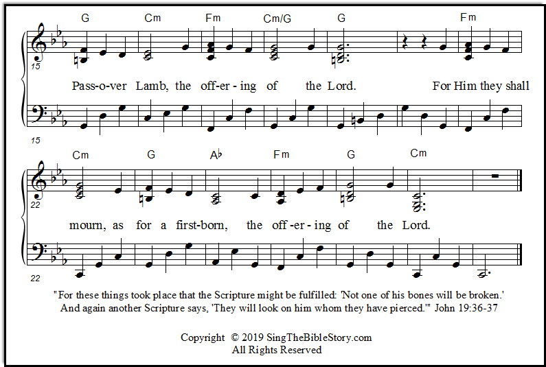 A closeup look at the sheet music "Not One of His Bones Will Be Broken", for piano and voice