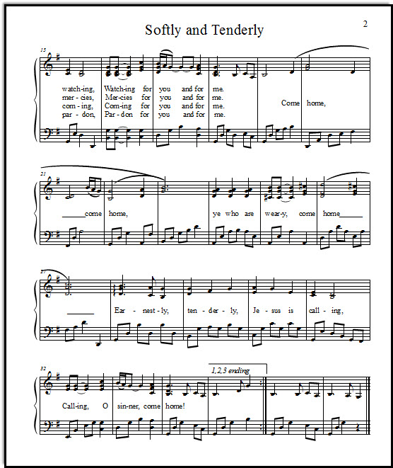 Softly and Tenderly Hymn: Sheet Music for Piano, Voice, Guitar, & Duet
