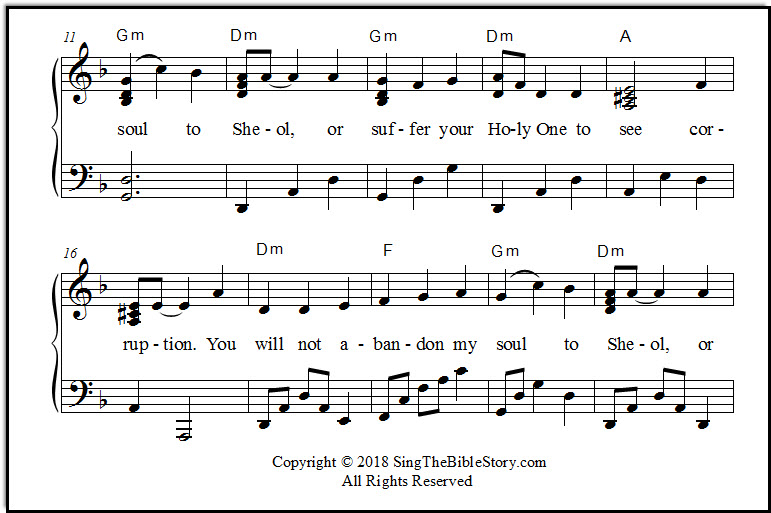 Closeup of sheet music for Psalm 16:10 song, "You Will Not Abandon My Soul Unto Sheol"